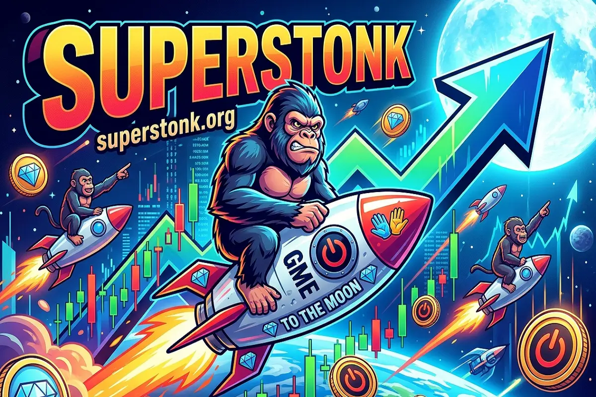 A vibrant illustration of apes riding rockets towards the moon alongside green upward stock charts, diamond icons, and the text 'SUPERSTONK' and 'superstonk.org'.