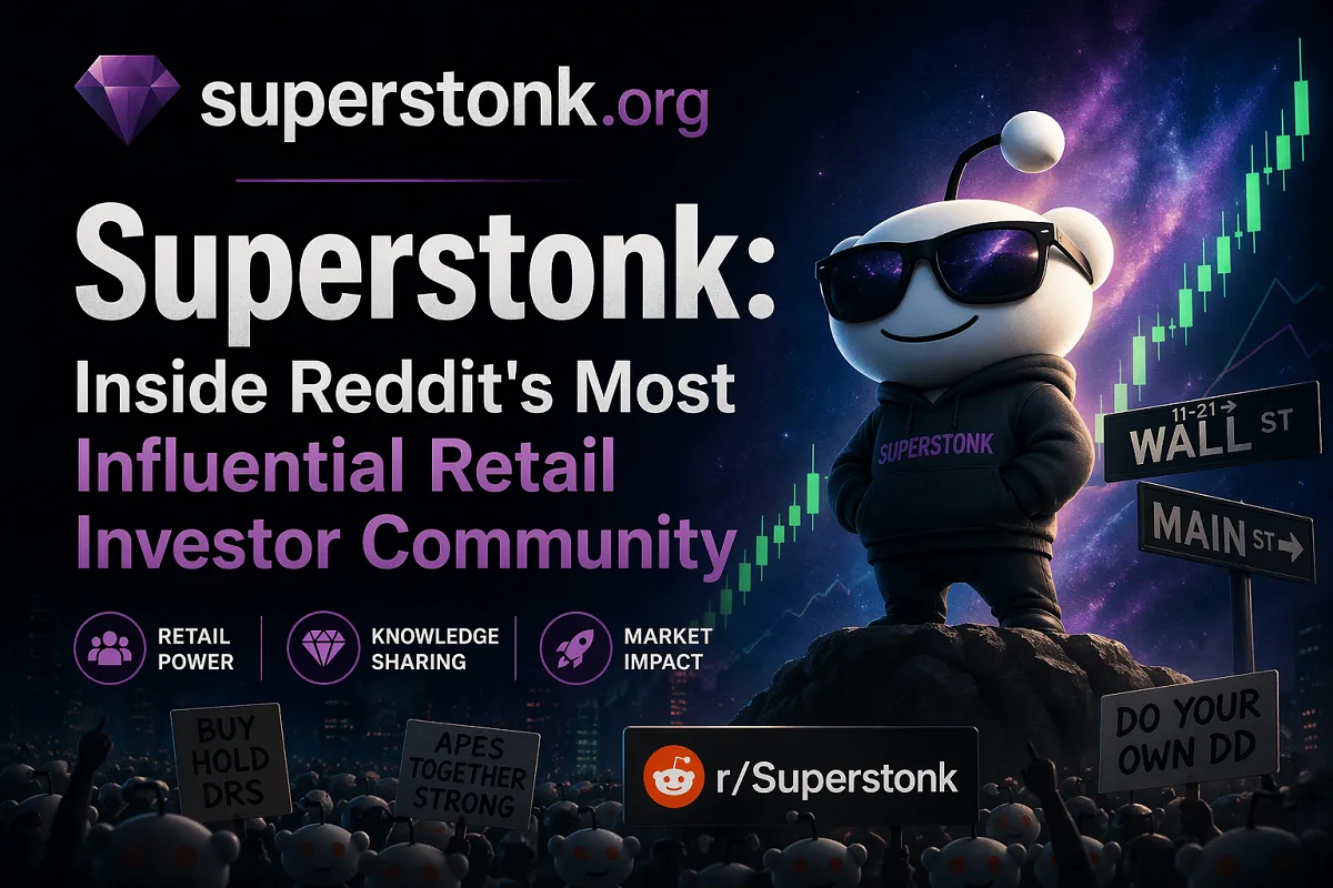Superstonk-themed banner with Reddit-style character, rising stock chart, and bold text about a retail investor community on superstonk.org.
