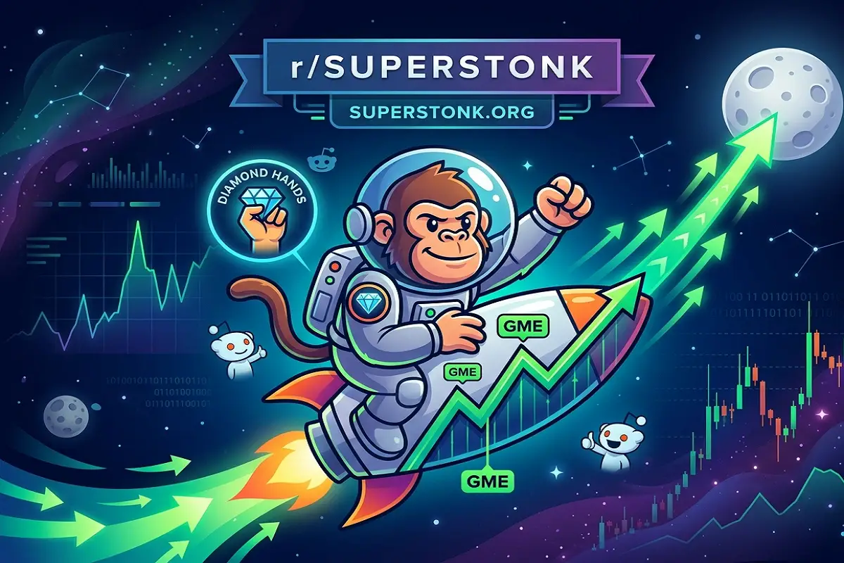 Illustration of a cartoon ape in a spacesuit riding a green, upward-trending stock chart rocket toward the moon. The space-themed background features candlestick charts, "diamond hands" and "GME" icons, with banners at the top reading "r/SUPERSTONK" and "SUPERSTONK.ORG".