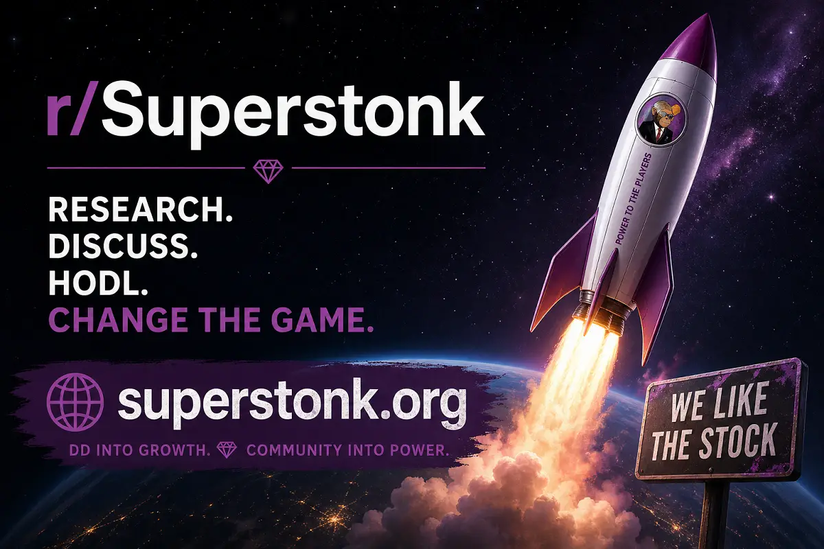 r/Superstonk space-themed banner with rocket launch, bold text slogans, and superstonk.org branding on a dark starry background.