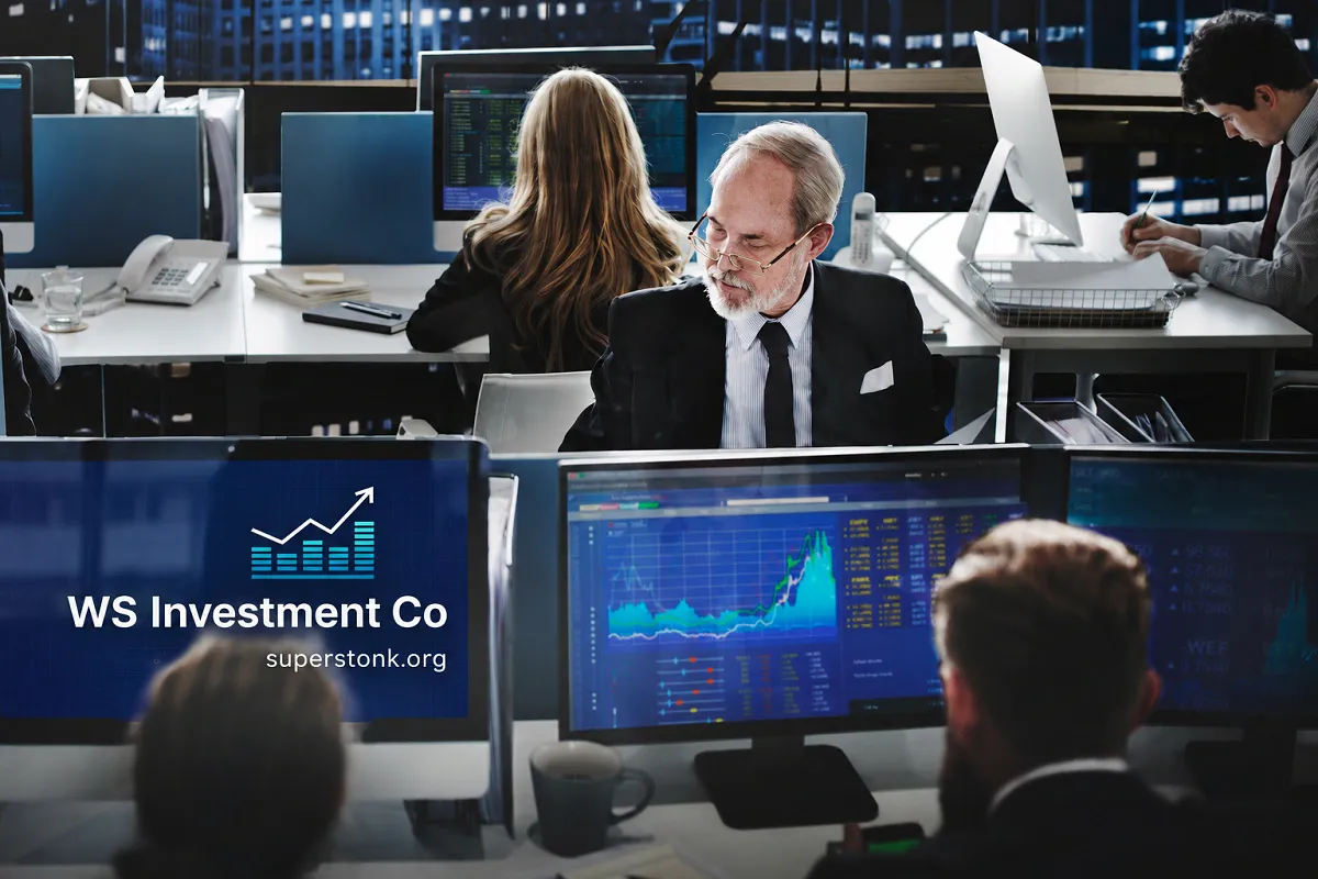 Professional investment office with traders monitoring stock market charts, featuring WS Investment Co branding and superstonk.org on screen.