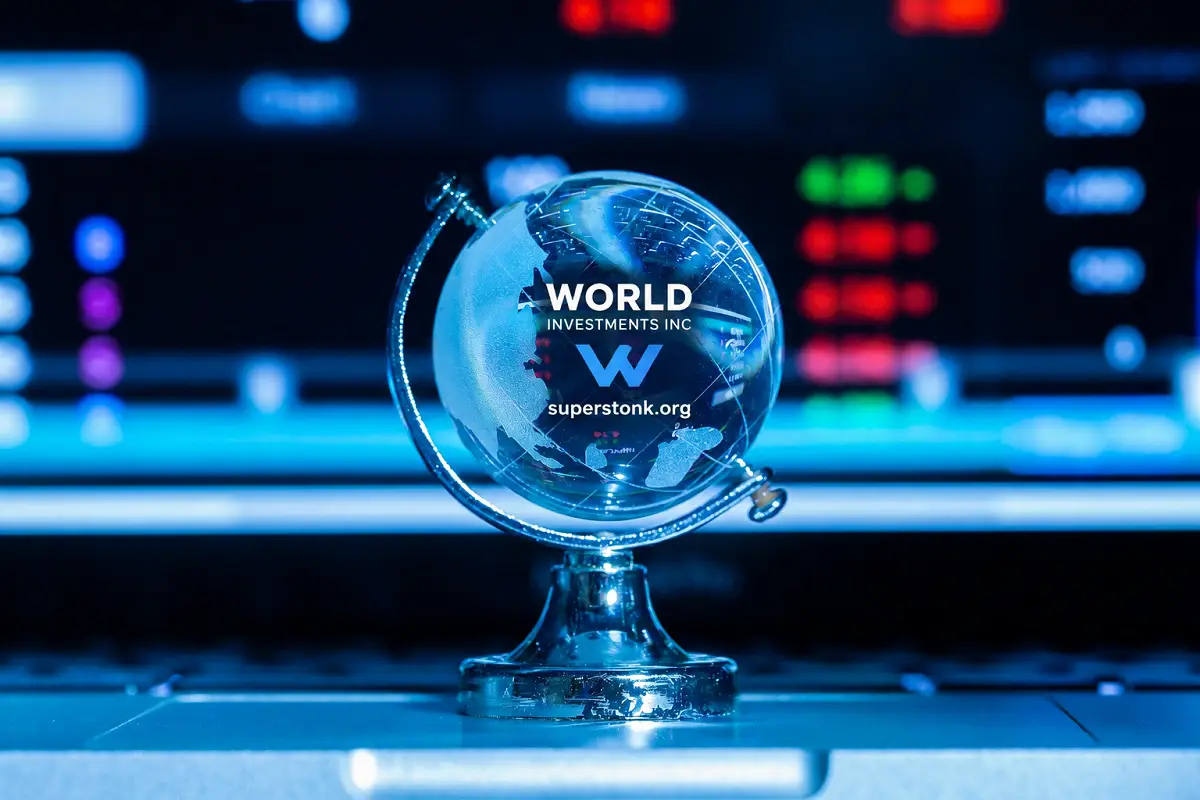 World Investments Inc branding on a crystal globe with superstonk.org in a futuristic stock market background.