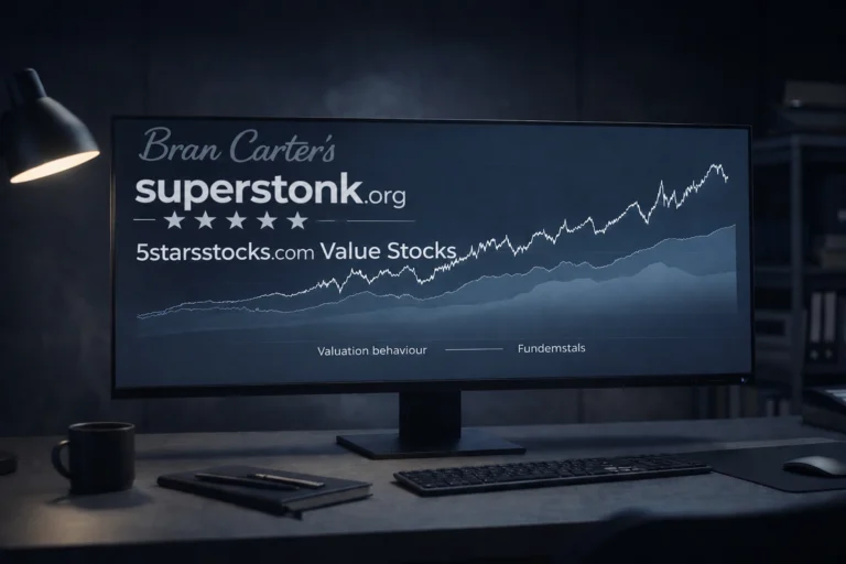 Ultrawide monitor in a modern dark office displaying a stock market growth chart with the branding “superstonk.org” and the keyword “5starsstocks.com Value Stocks.”
