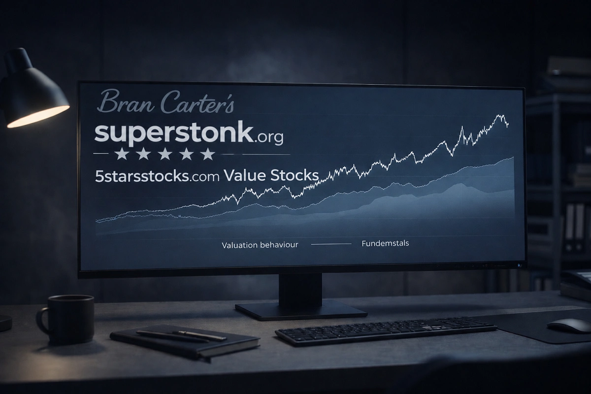 Ultrawide monitor in a modern dark office displaying a stock market growth chart with the branding “superstonk.org” and the keyword “5starsstocks.com Value Stocks.”